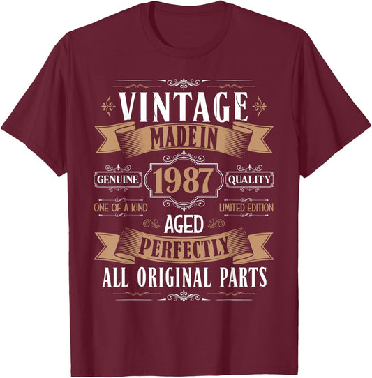 Vintage 38th birthday men Born 1987 38 years old Bday T-Shirt - T-Shirt | Maroon