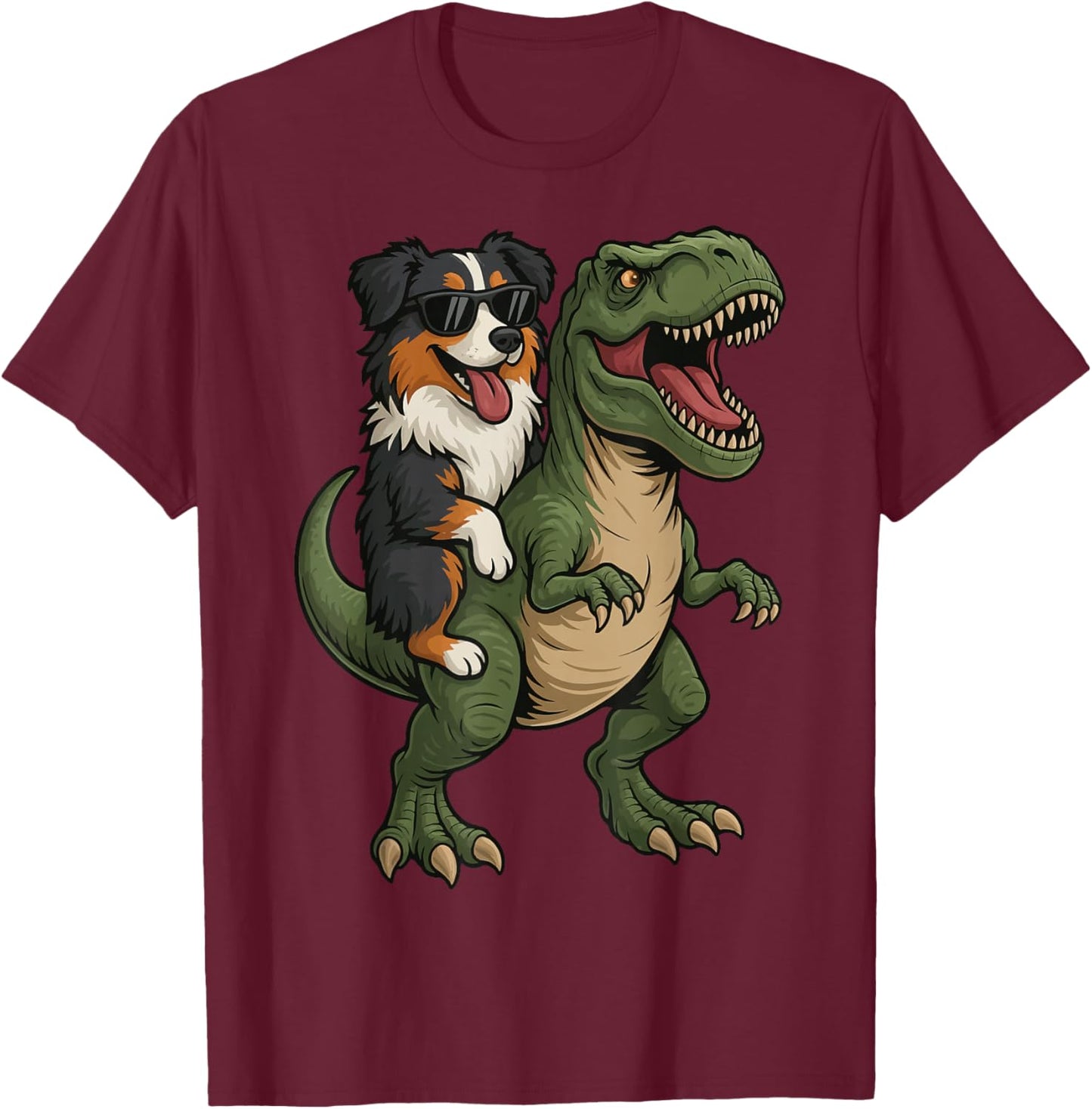 Australian Shepherd Riding T-Rex T-Shirt - T-Shirt | Maroon