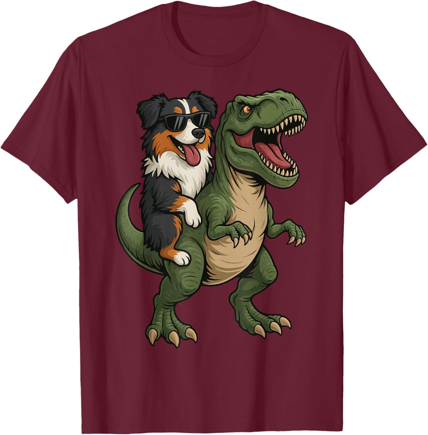 Australian Shepherd Riding T-Rex T-Shirt - T-Shirt | Maroon