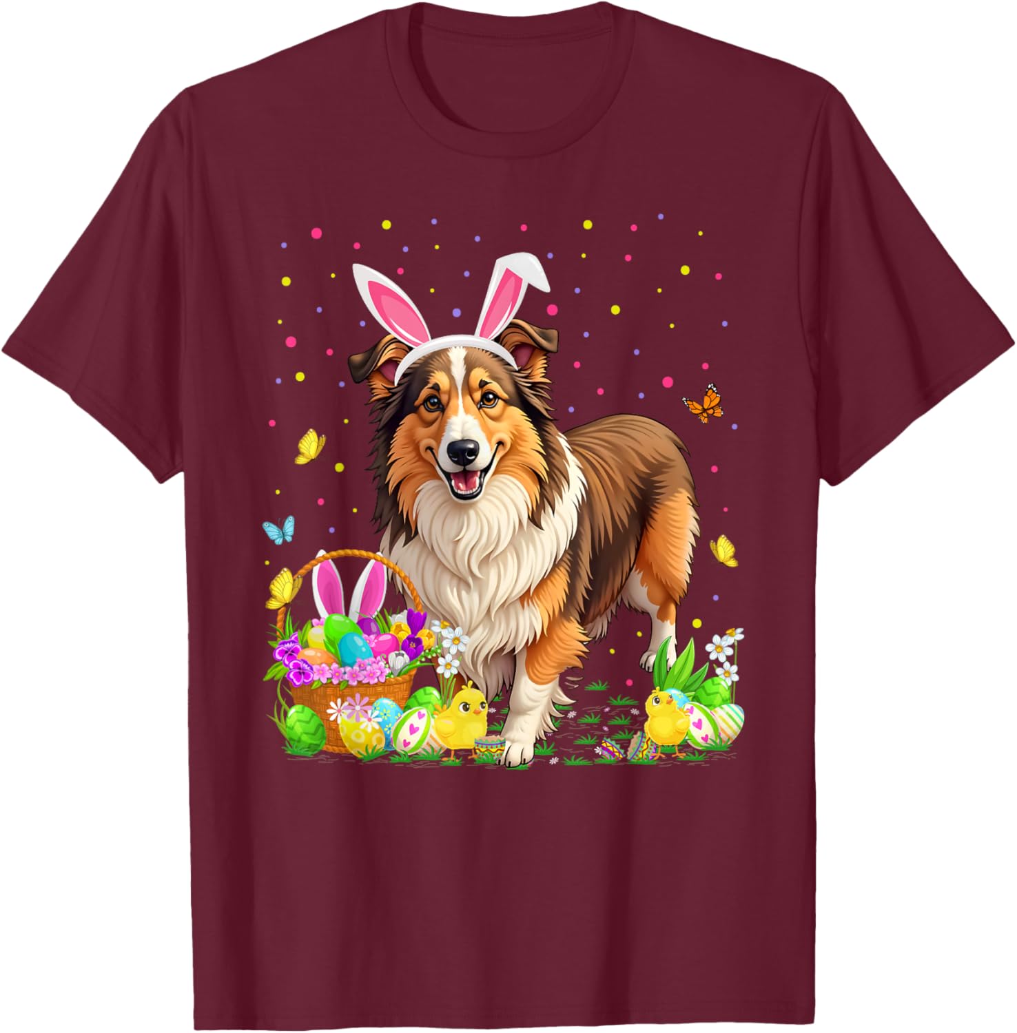 Sheltie Dog Easter Egg Hunt Bunny Ear Sheltie Easter T-Shirt - T-Shirt | Maroon