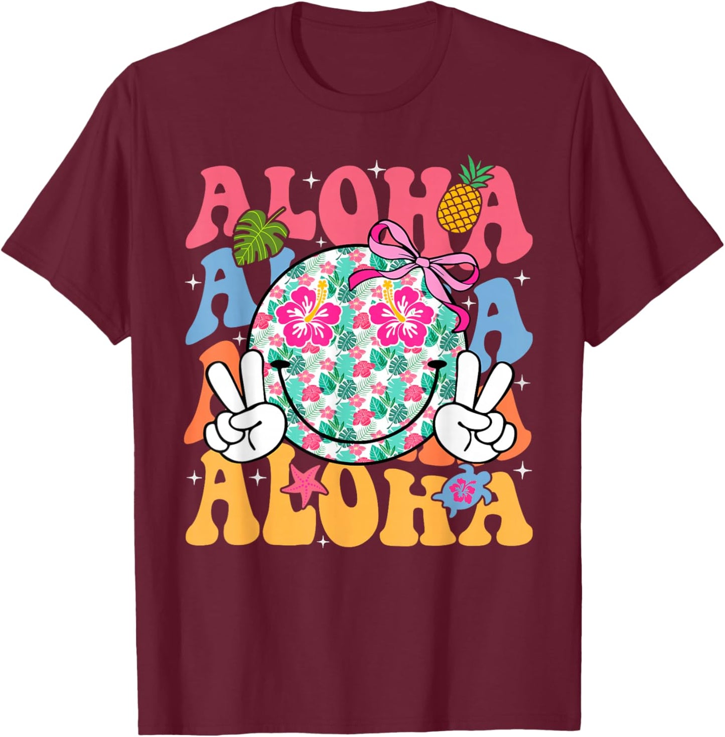 Aloha Hawaiian Cute Smile Face Shaka Hibiscus Kids Girls T-Shirt - T-Shirt | Maroon