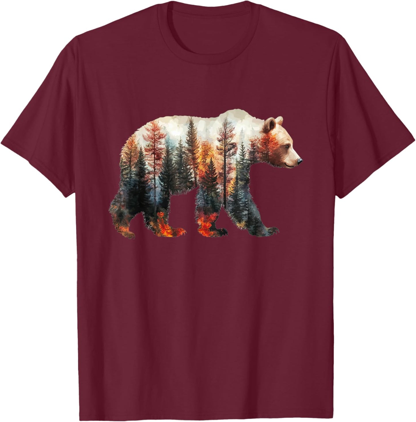 Bear Forest Mountains Trees Nature Sunset Outdoor Graphic T-Shirt - T-Shirt | Maroon