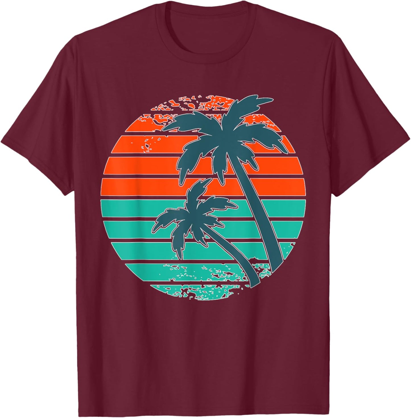 Tropical retro palm tree sunset in orange, aqua and teal T-Shirt - T-Shirt | Maroon