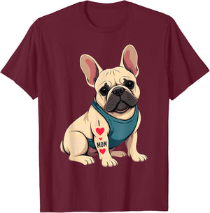 French Bulldog Tattoo I Love Mom Men Women T-Shirt - T-Shirt | Maroon