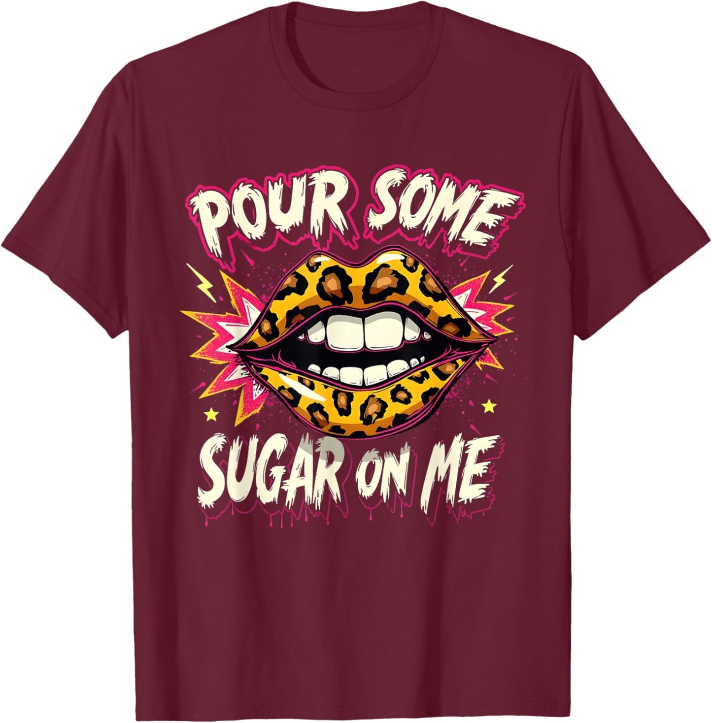 Happy Valentine's Day Retro Leopard Lips Pour Some Sugar Art T-Shirt - T-Shirt | Maroon
