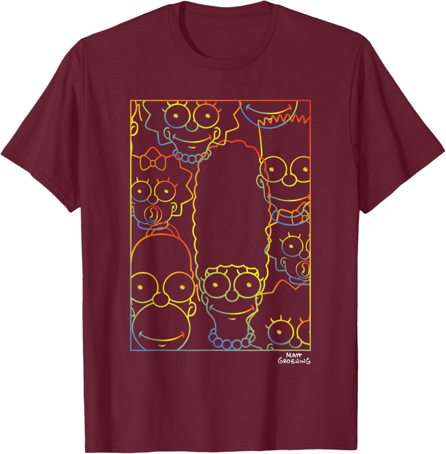 The Simpsons Neon Rainbow Outline Family Poster Art T-Shirt - T-Shirt | Maroon