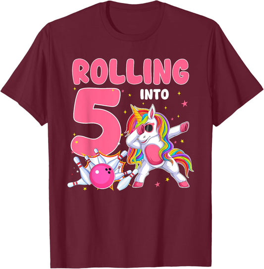 Rolling Into 5 5th Birthday Unicorn Bowling 5 Year Old T-Shirt - T-Shirt | Maroon