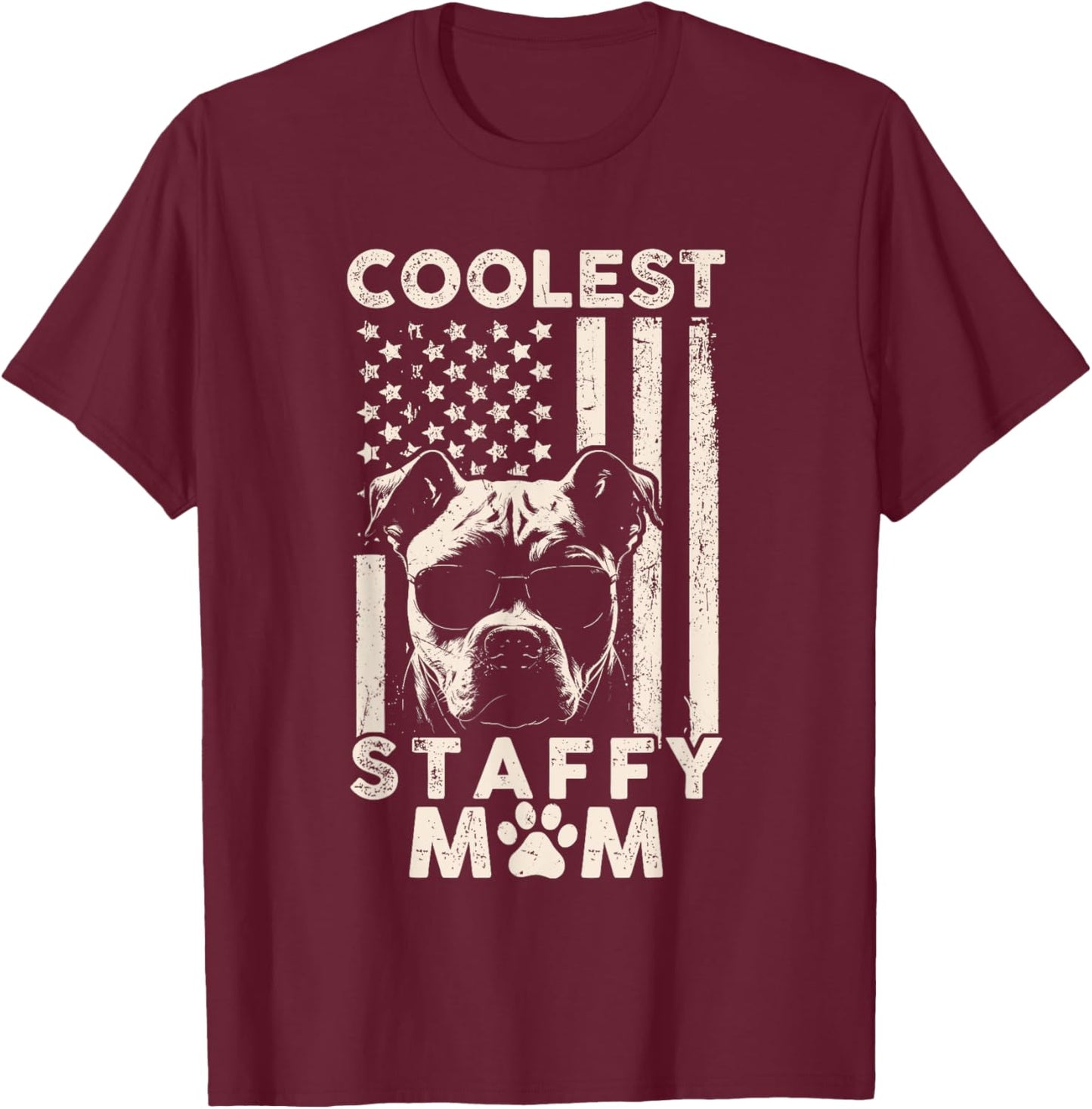 Vintage Coolest Staffy Mom USA American Flag Funny Dog Mom Kids Men T-Shirt - T-Shirt | Maroon