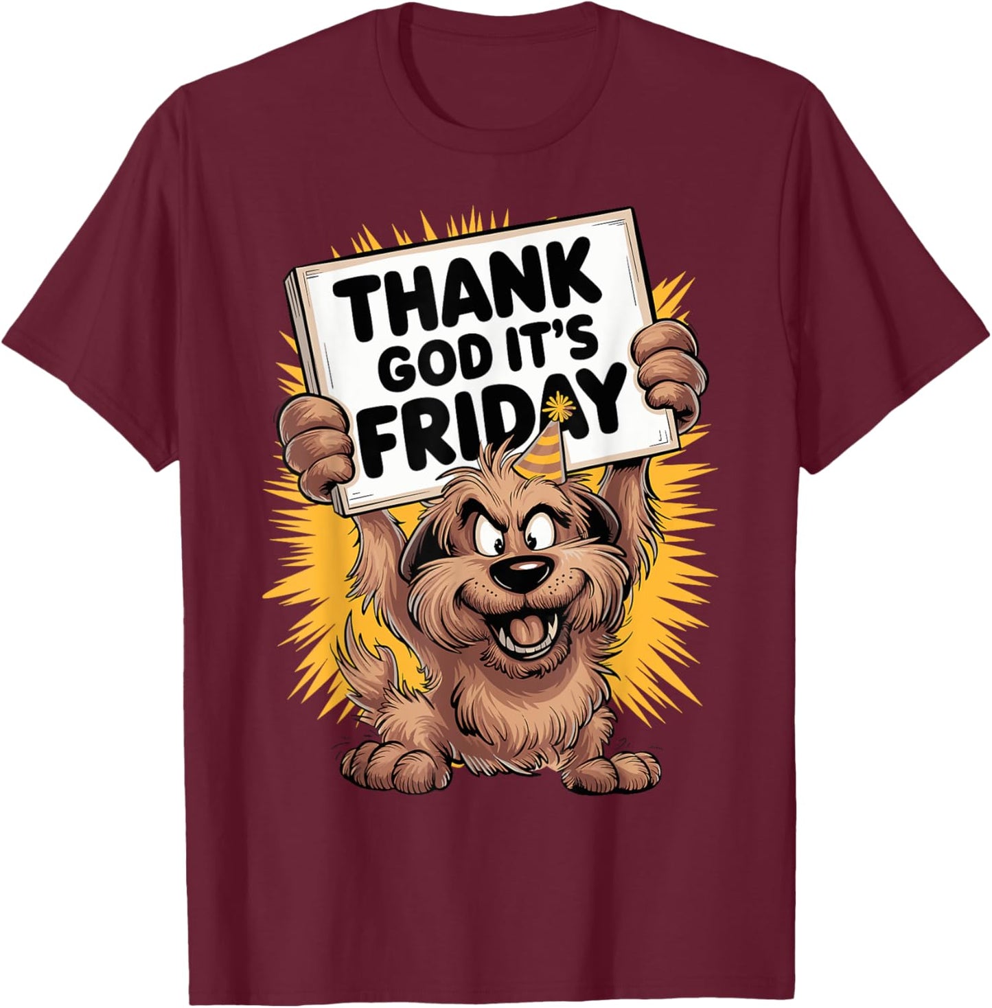 Thank God It's Friday Cheerful Dog Cartoon Design T-Shirt - T-Shirt | Maroon