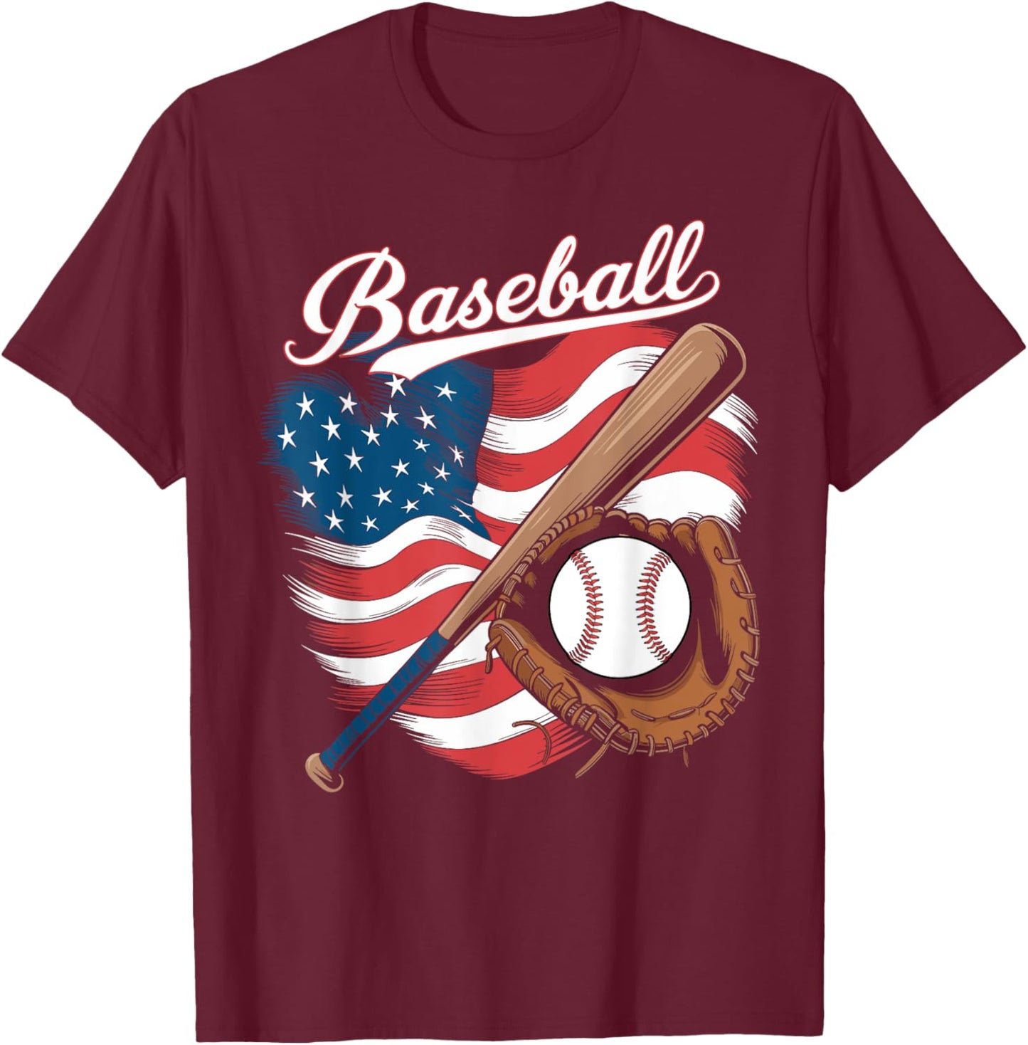 American Flag Baseball Player Bat Fan Catcher Pitcher USA T-Shirt - T-Shirt | Maroon