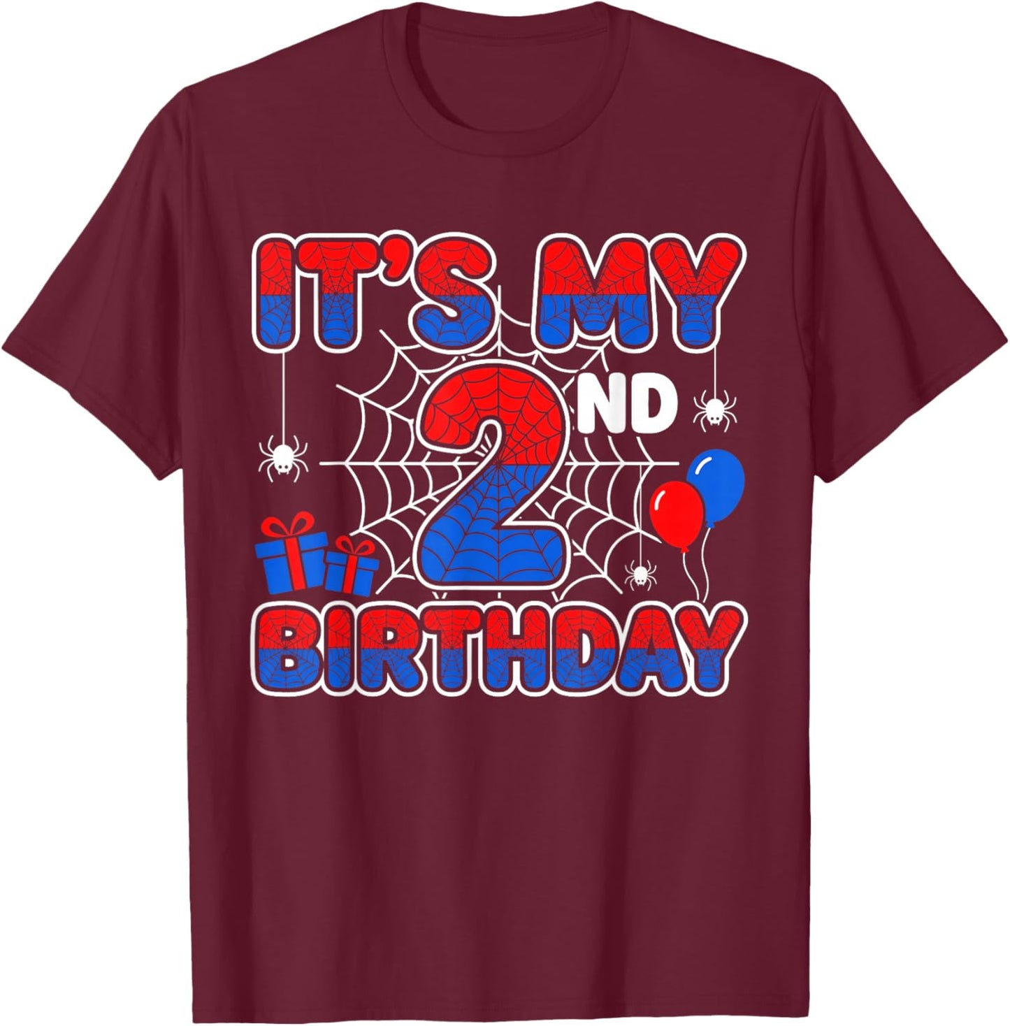 Its My 2nd Birthday Boy 2 Year Old Spider Web Birthday Party T-Shirt - T-Shirt | Maroon