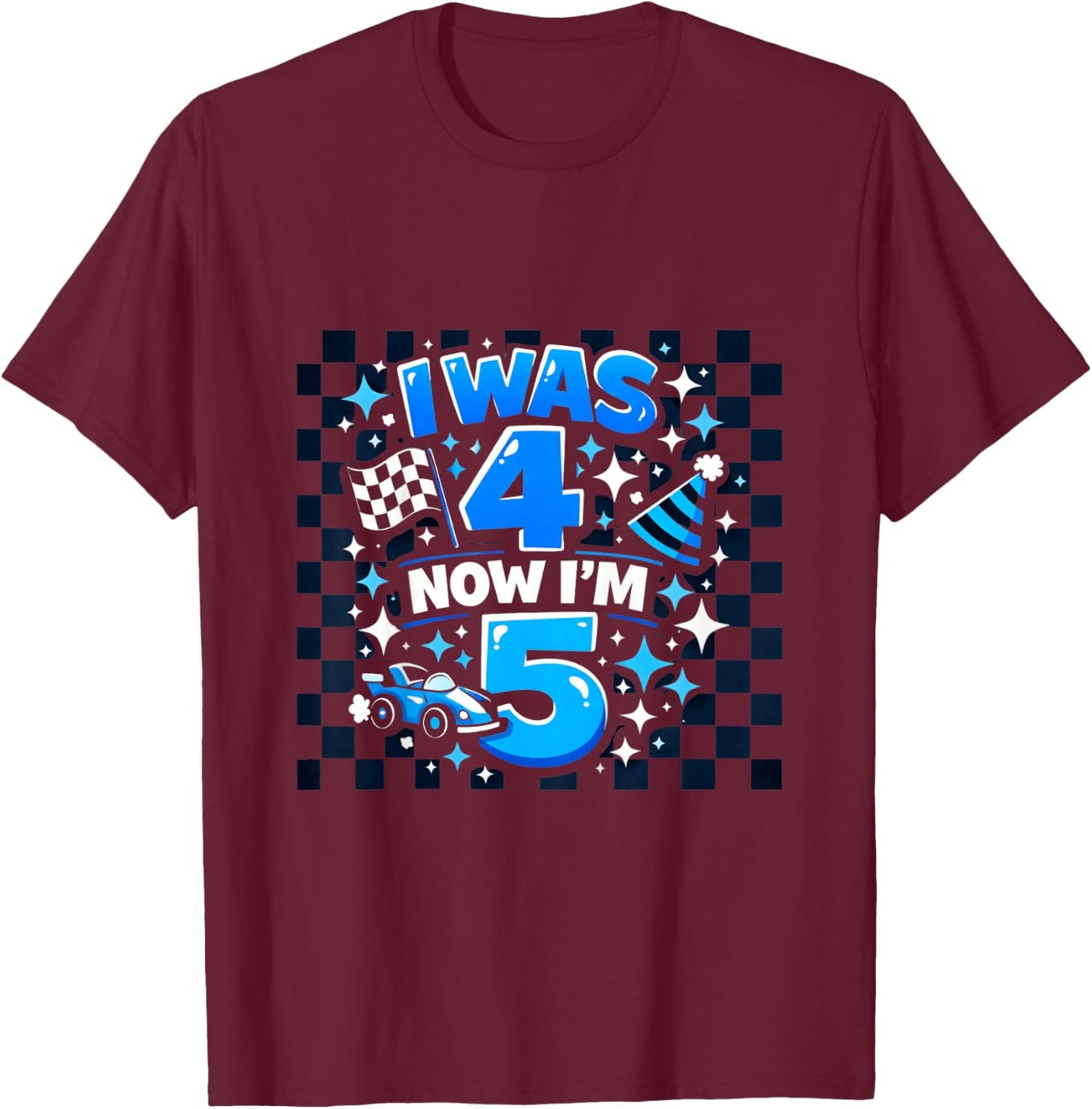Blue Checkered I was 4 Now I'm 5 Funny Birthday Boy T-Shirt - T-Shirt | Maroon