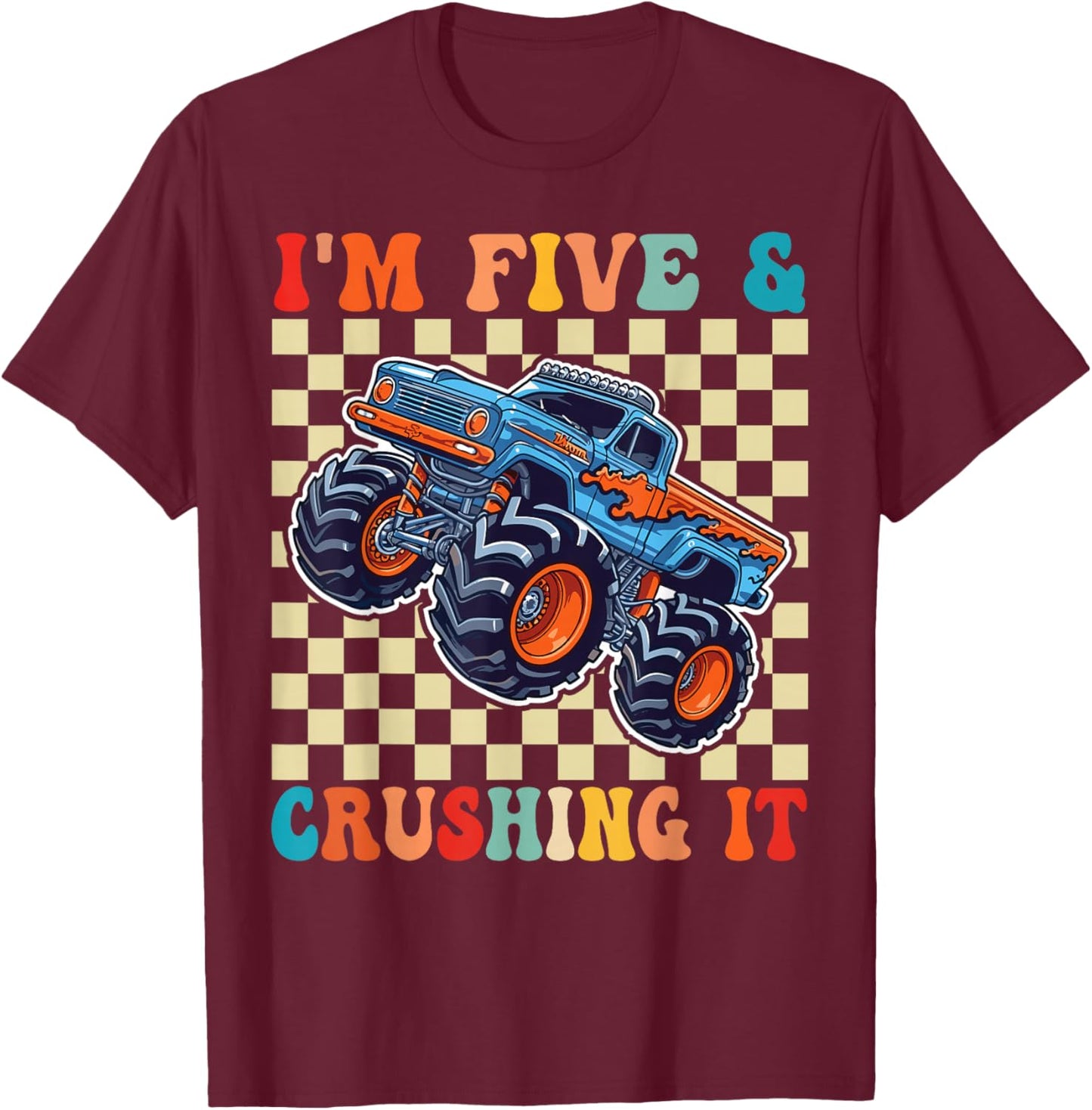 Birthday Monster Truck 5 Year Old Boys 5th Birthday Party T-Shirt - T-Shirt | Maroon