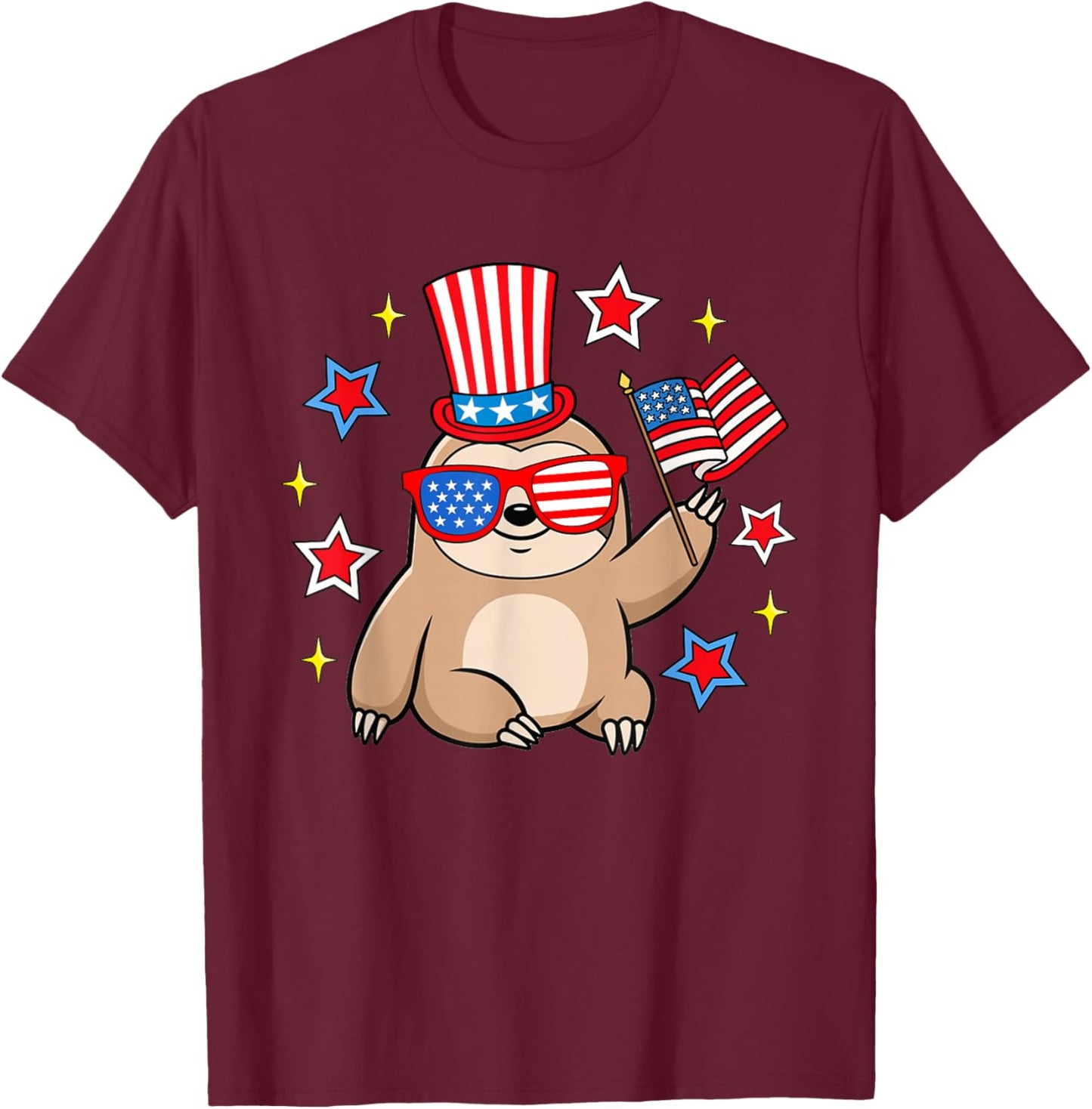 Cute Sloth American Flag Patriotic Funny 4th of July T-Shirt - T-Shirt | Maroon