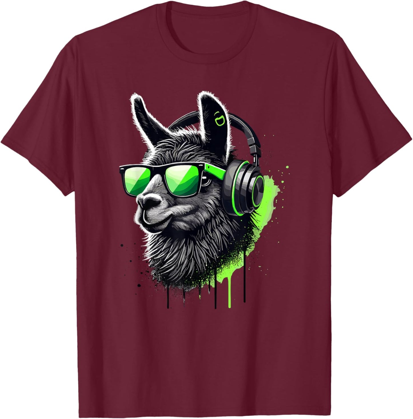 Lama Sunglasses Headphones Alpaca Lamas T-Shirt - T-Shirt | Maroon