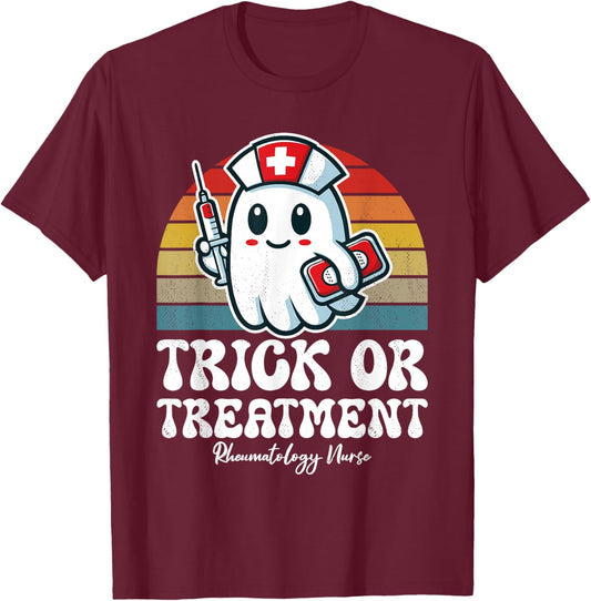 Trick Or Treatment Cute Halloween Rheumatology Nurse T-Shirt - T-Shirt | Maroon