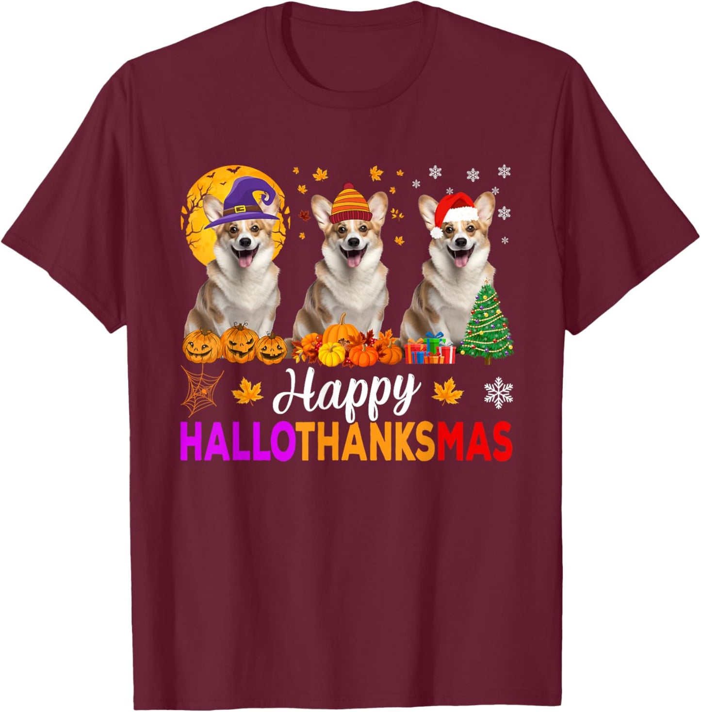 Corgi Dog Halloween Christmas Hallothanksmas T-Shirt - T-Shirt | Maroon