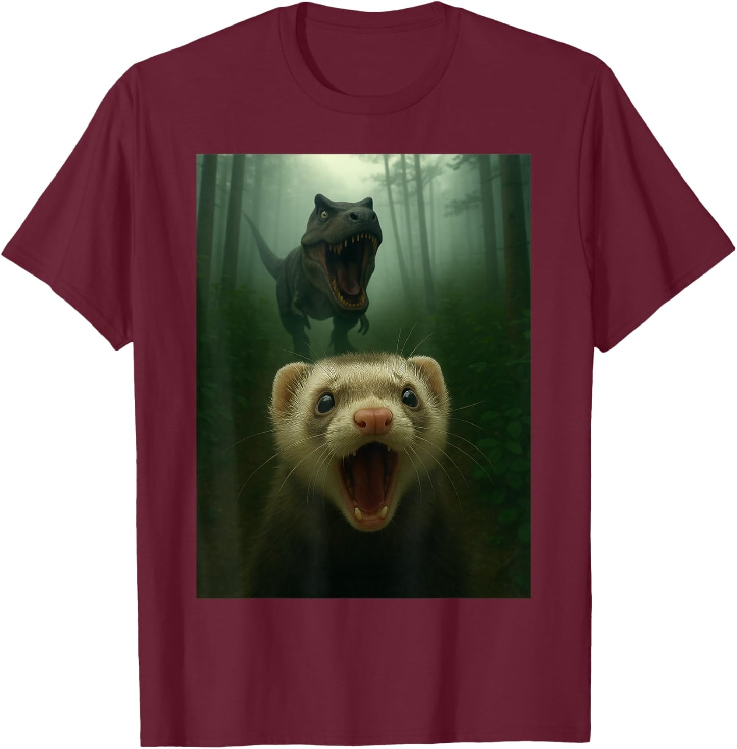 Funny Ferret Selfie with T-Rex Dinosaur Gifts Men Women Kid T-Shirt - T-Shirt | Maroon