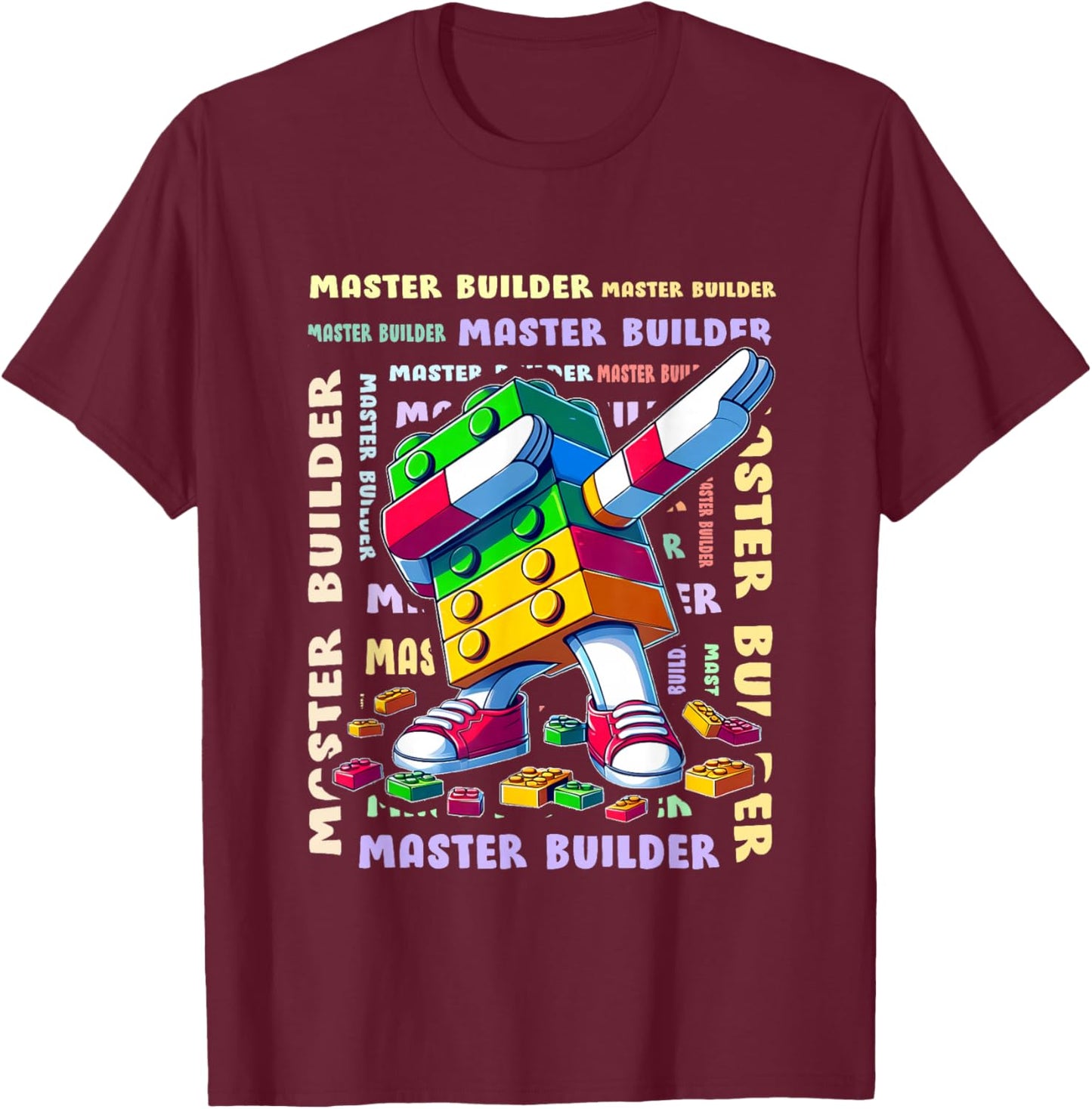 Colourful Master Builder Dabbing Blocks Bricks Builder T-Shirt - T-Shirt | Maroon