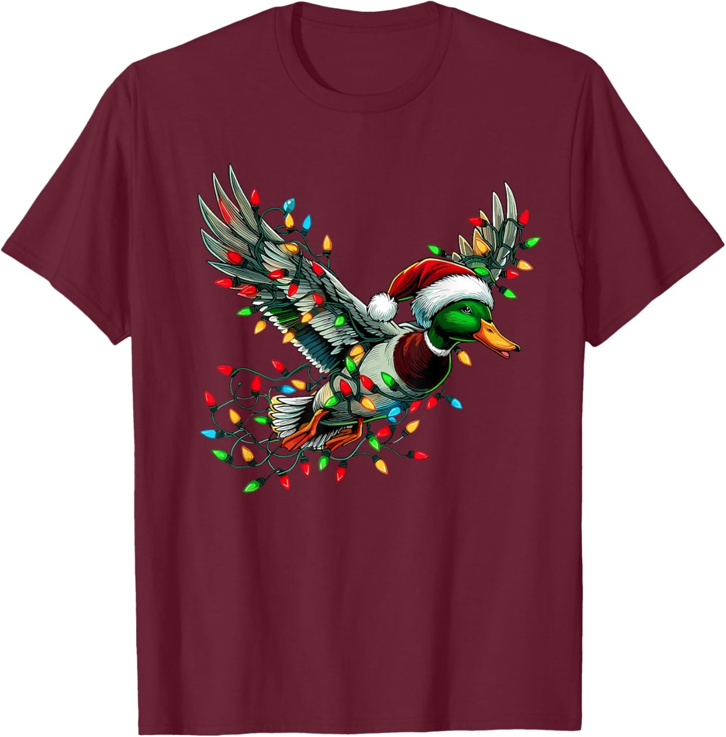 Flying Santa Duck with Christmas Lights Hunting Season T-Shirt - T-Shirt | Maroon