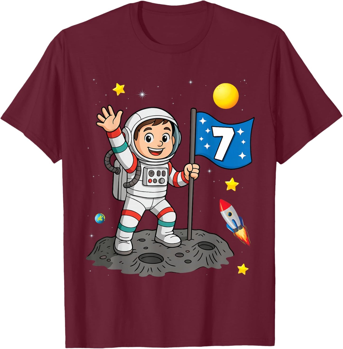 7th Birthday Astronaut All Space Boy 7th Birthday T-Shirt - T-Shirt | Maroon