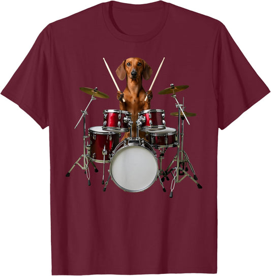Dachshund Playing Drums Drum Set Drumming Funny Drummer T-Shirt - T-Shirt | Maroon