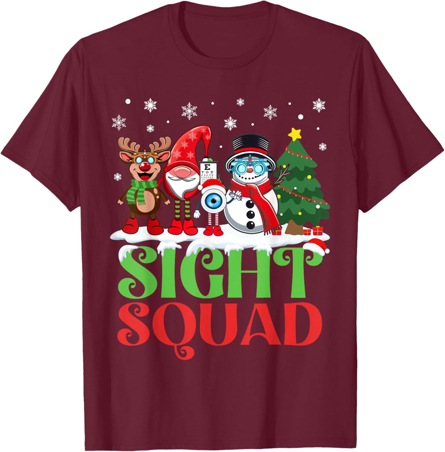 Sight Squad Reindeer Gnome Santa Funny Christmas Optometrist T-Shirt - T-Shirt | Maroon