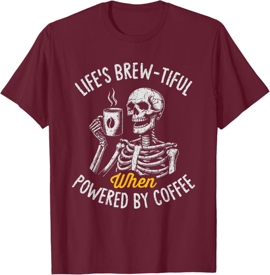 Powered by Coffee Funny Skeleton Caffeine Lover Barista T-Shirt - T-Shirt | Maroon