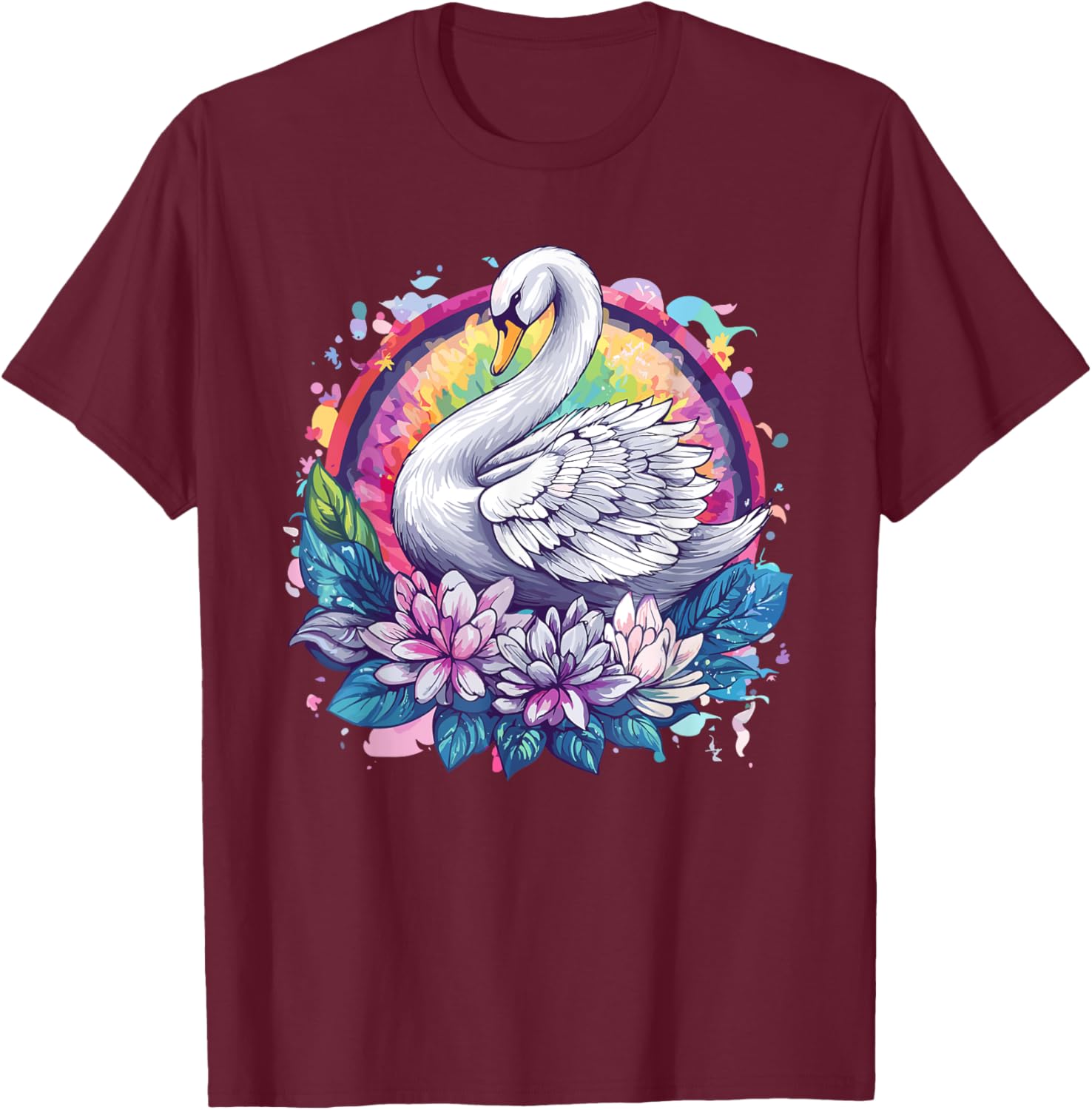 Swan With Floral Rainbow Elegance T-Shirt - T-Shirt | Maroon