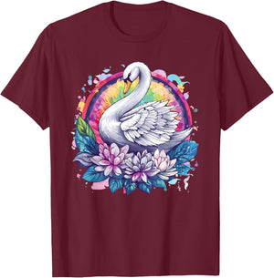 Swan With Floral Rainbow Elegance T-Shirt - T-Shirt | Maroon