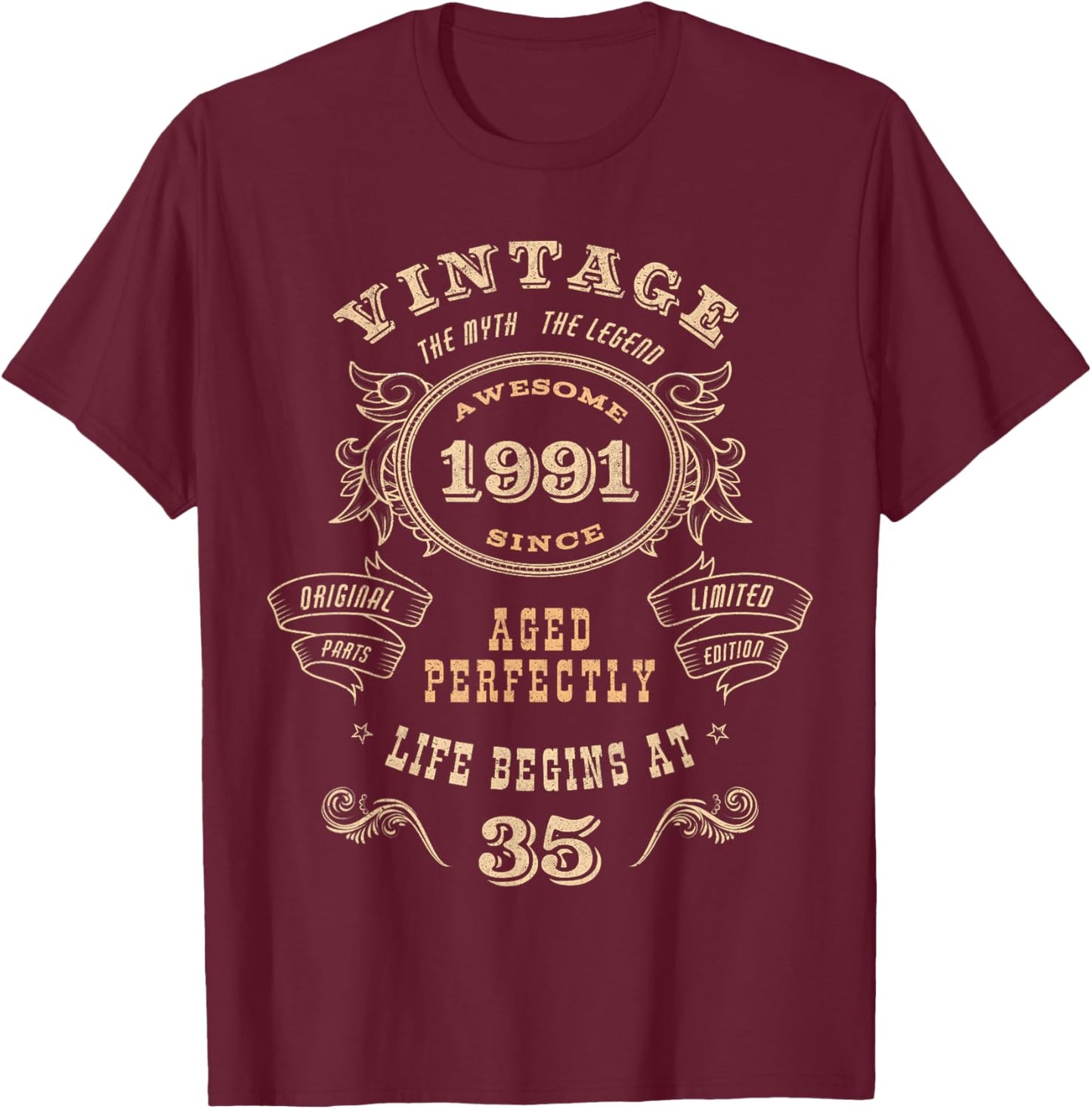 35-Year-Old 35th Birthday - Vintage 1991 T-Shirt - T-Shirt | Maroon