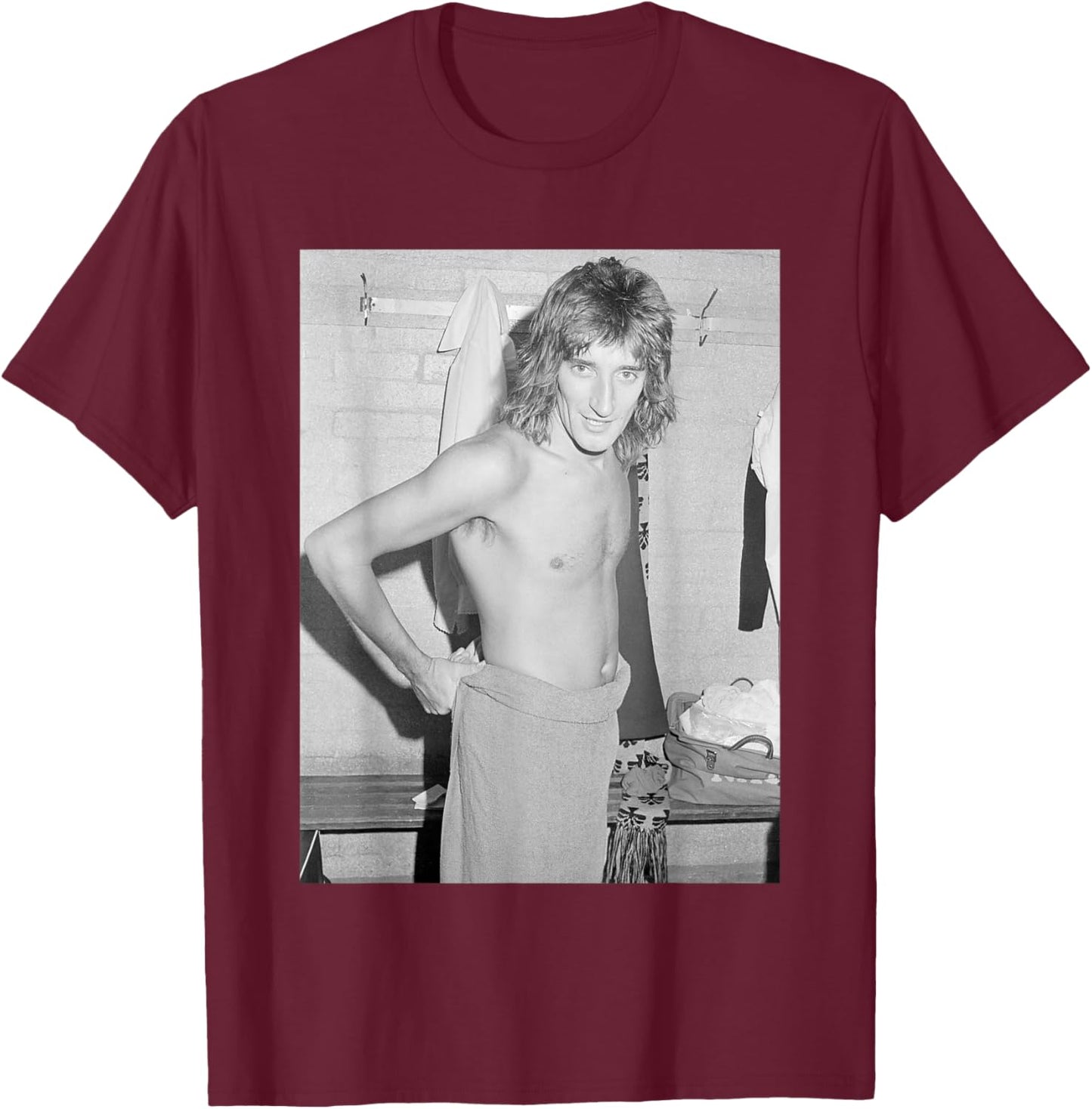 Rod Stewart Changing for Showbiz Football Match 1974 T-Shirt - T-Shirt | Maroon