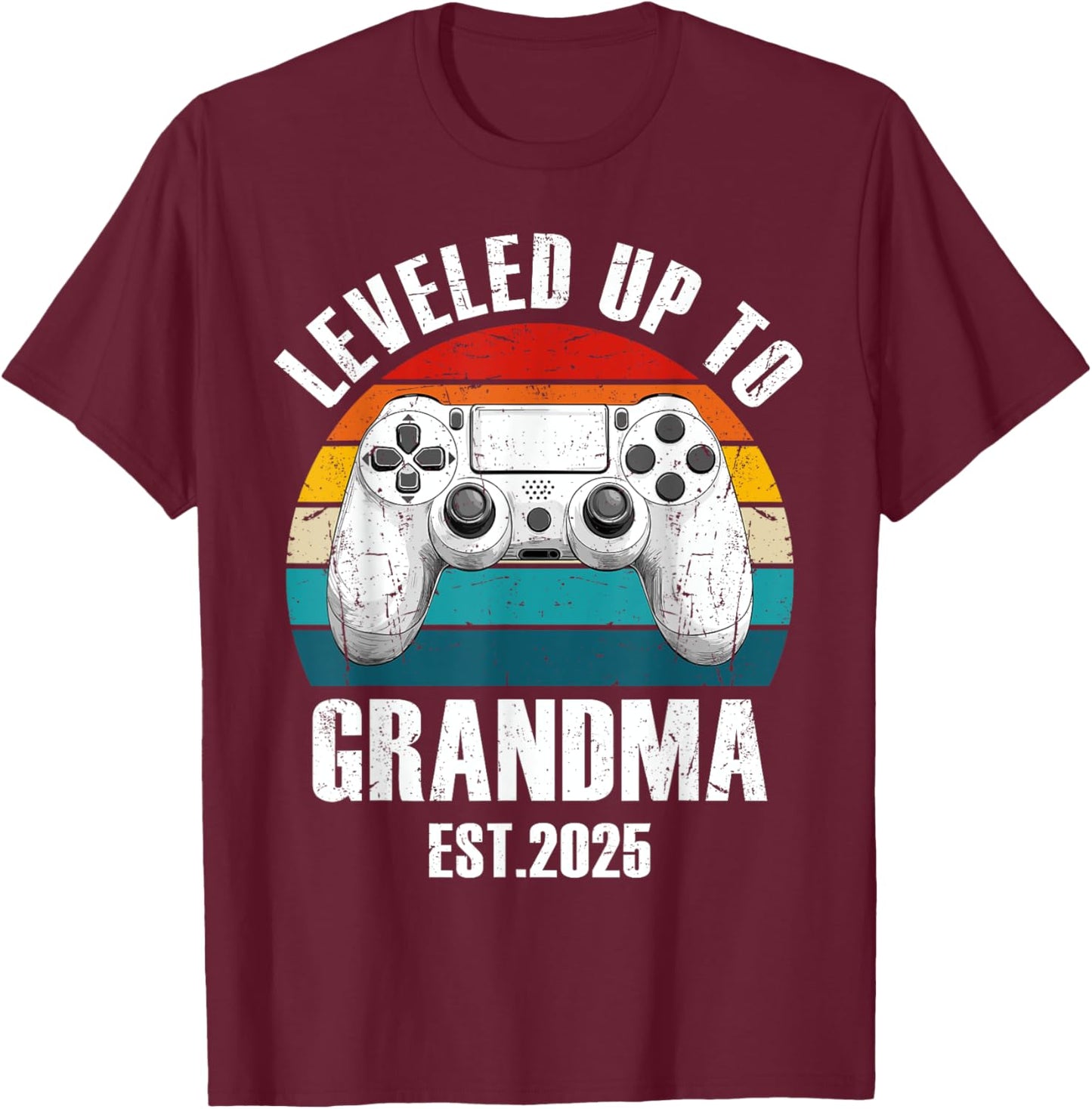 Leveled Up To Grandma 2025 Funny Grandmother Gamer Vintage T-Shirt - T-Shirt | Maroon