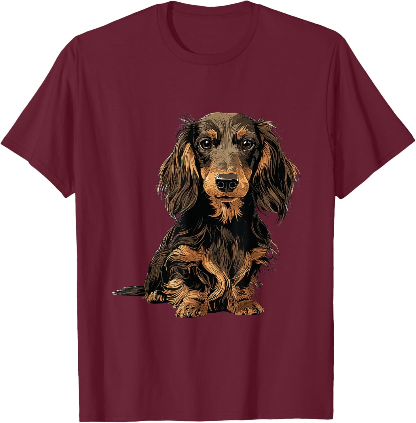 Black and Tan Long Hair Dachshund Dog Illustration T-Shirt - T-Shirt | Maroon