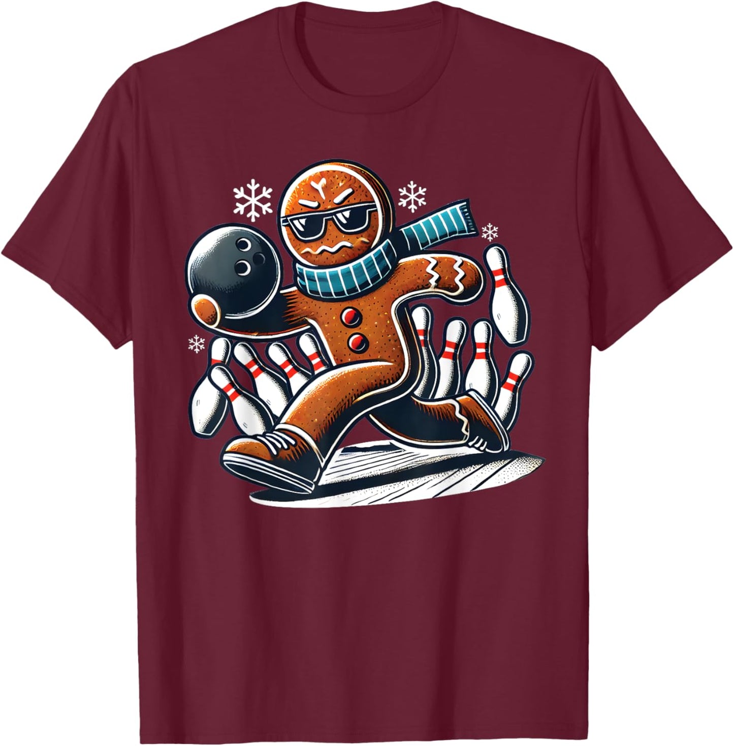 Gingerbread Playing Bowling ball and pins Christmas bowling T-Shirt - T-Shirt | Maroon