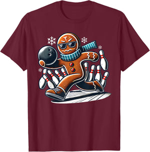 Gingerbread Playing Bowling ball and pins Christmas bowling T-Shirt - T-Shirt | Maroon
