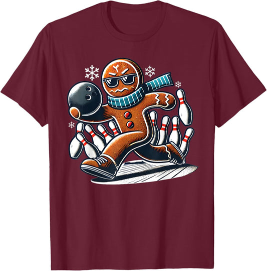 Gingerbread Playing Bowling ball and pins Christmas bowling T-Shirt - T-Shirt | Maroon