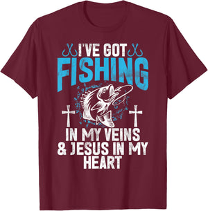 I've Got Fishing In My Veins & Jesus In My Heart Fisher T-Shirt - T-Shirt | Maroon