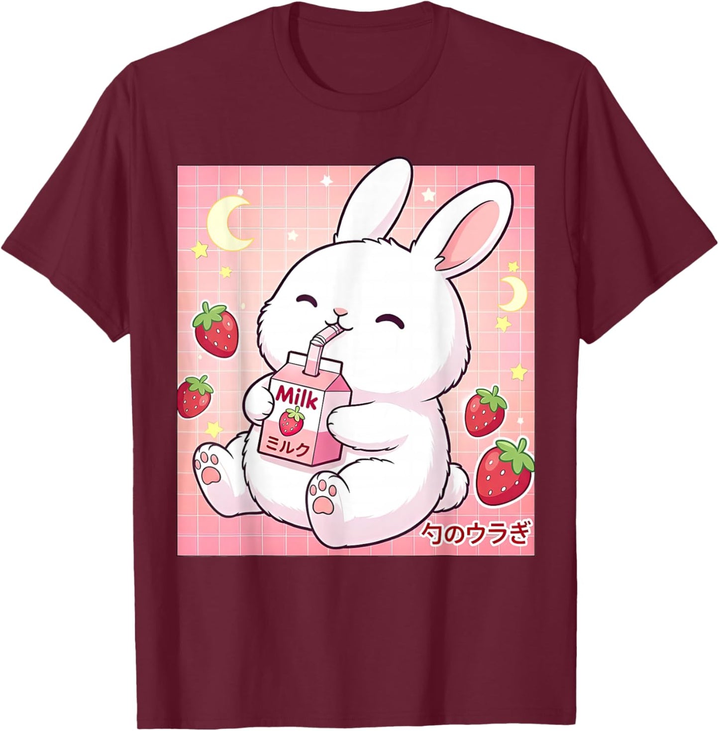 Cute Bunny Strawberry Milk Kawaii Japanese Art T-Shirt - T-Shirt | Maroon