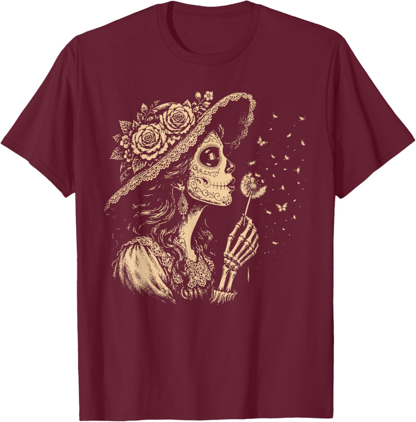 la Catrina Blowing Wishes Dandelion T-Shirt - T-Shirt | Maroon