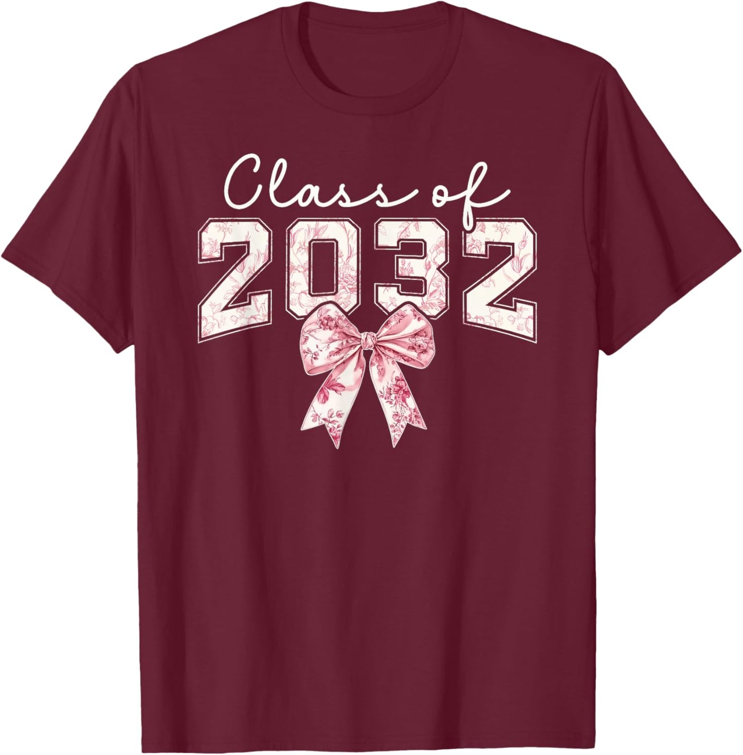 Class of 2032 Coquette Bow Toile Preppy Floral Girl Women 32 T-Shirt - T-Shirt | Maroon