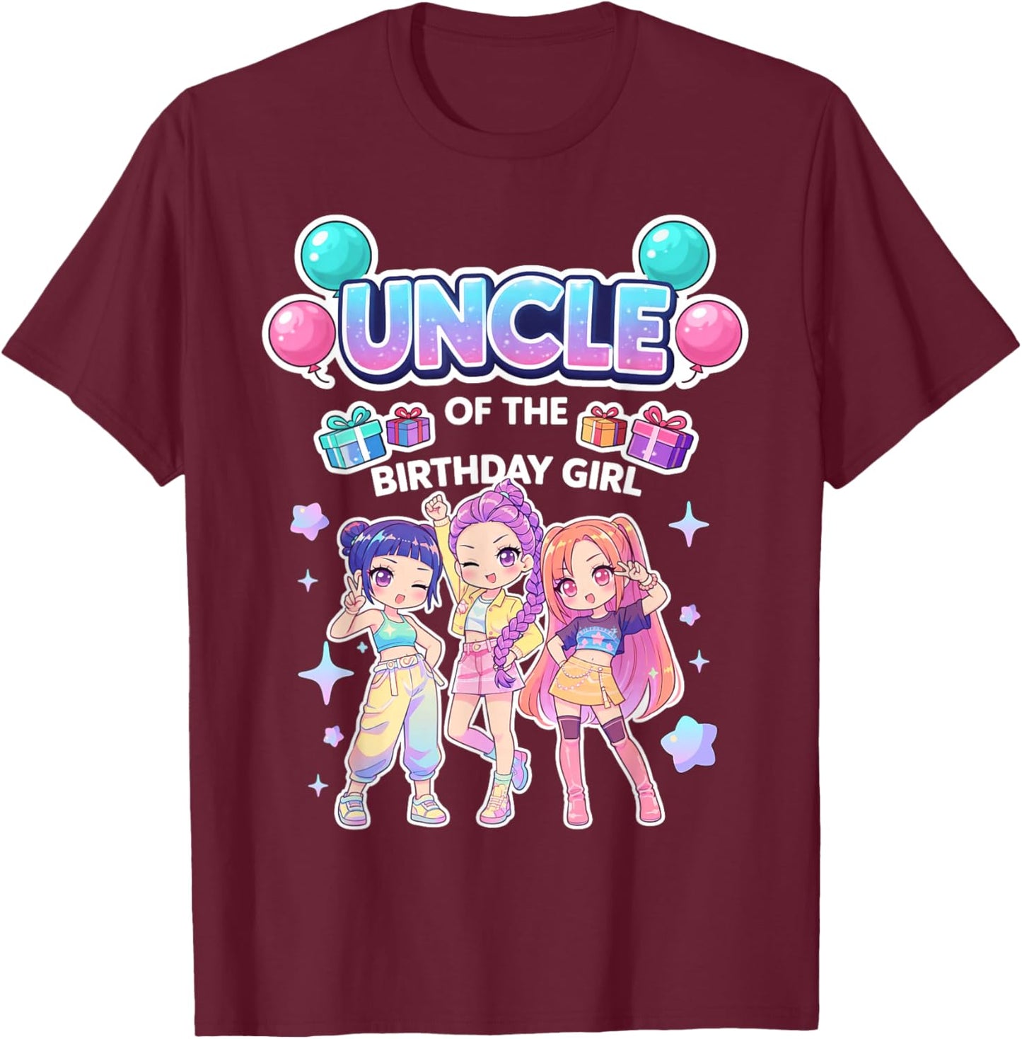 Uncle of the Birthday Girl Cute Chibi Funny Korean Pop T-Shirt - T-Shirt | Maroon