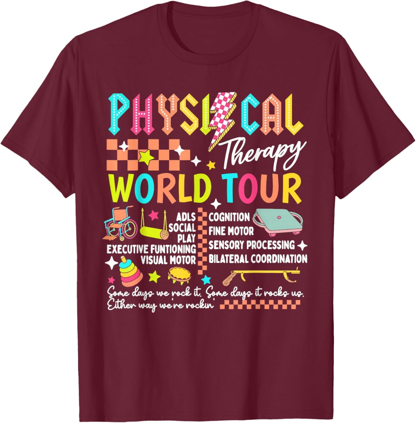 Physical Therapy World Tour Funny PT PTA Retro DPT Therapist T-Shirt - T-Shirt | Maroon