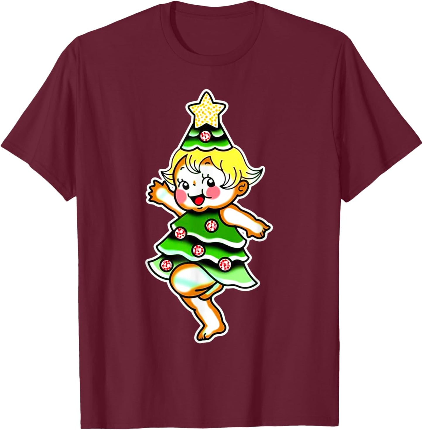 Kewpie Baby Christmas Tree T-Shirt - T-Shirt | Maroon