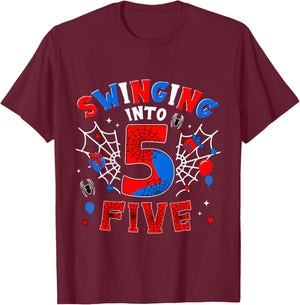 Kids Swinging Into Three 5th Birthday Spiders 5 Year Old Boys T-Shirt - T-Shirt | Maroon