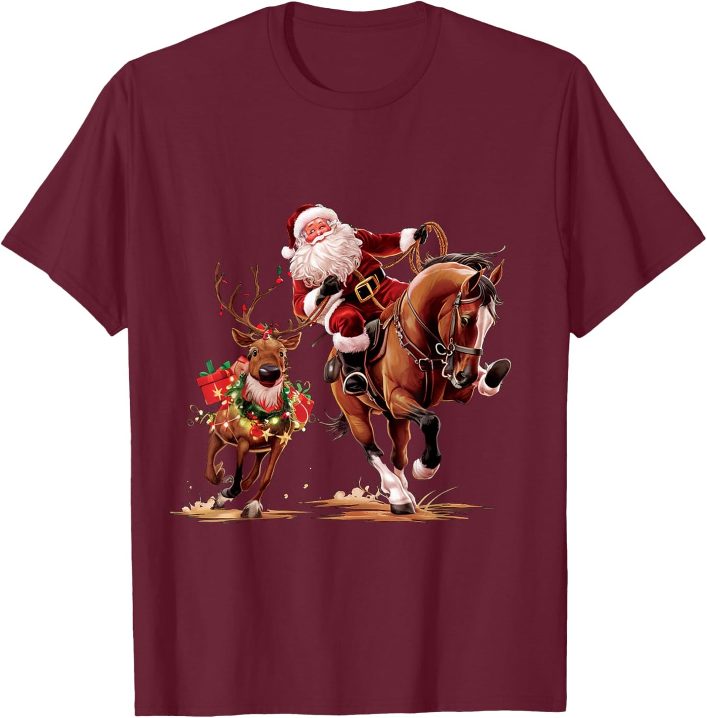 Funny Cowboy Santa Bulldogging Christmas Cowboy Western Xmas T-Shirt - T-Shirt | Maroon