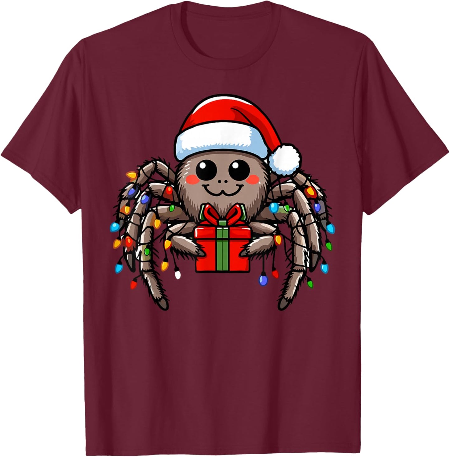 Spider Wearing Santa Claus Hat Holding A Present Box Xmas T-Shirt - T-Shirt | Maroon