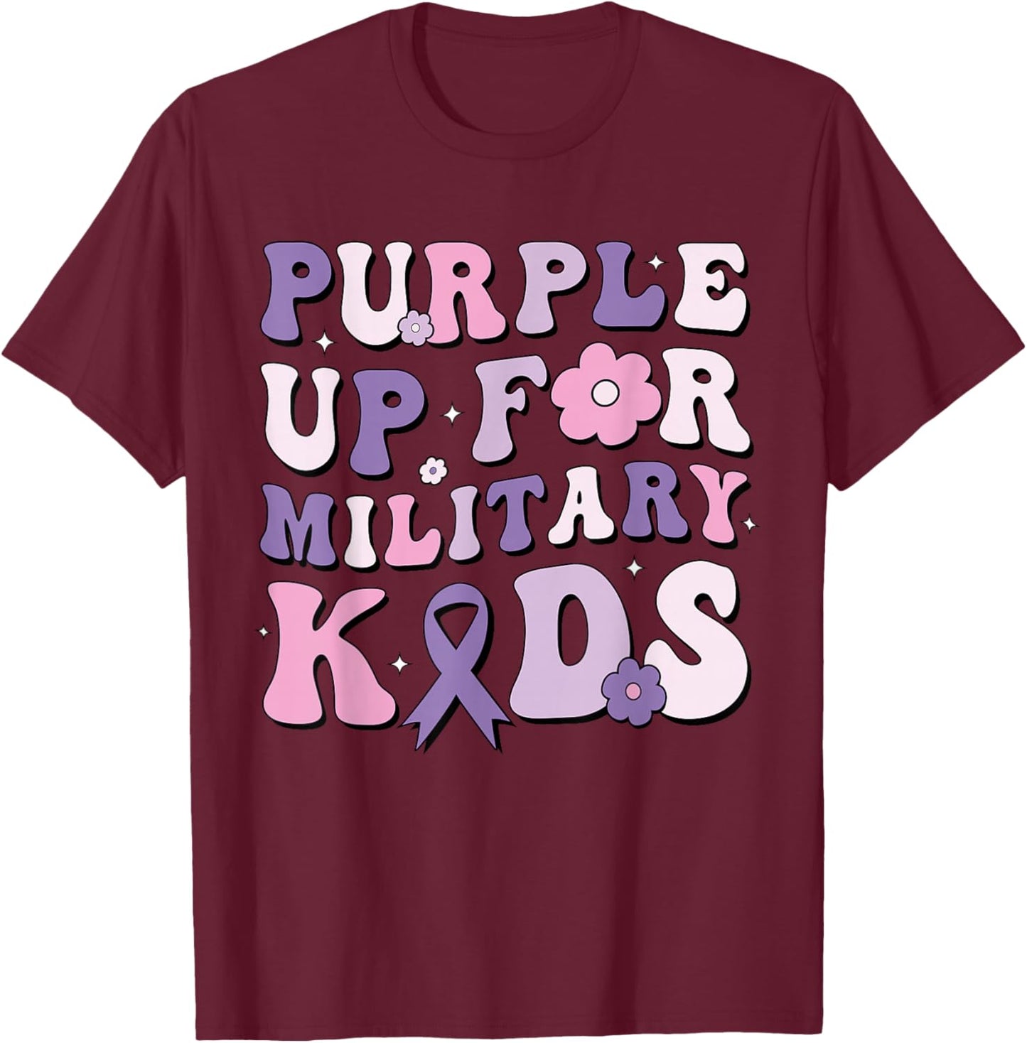 Purple Up For Military Kids Groovy Military Child Month T-Shirt - T-Shirt | Maroon