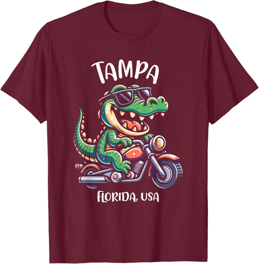 Tampa Florida USA Alligator Motorcycle Cartoon Design T-Shirt - T-Shirt | Maroon