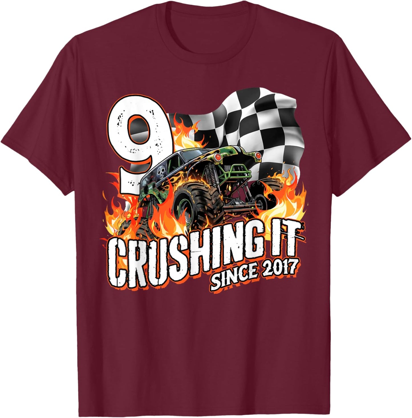 Birthday Monster Truck 9 Years Old Boys 9th Party Born 2017 T-Shirt - T-Shirt | Maroon